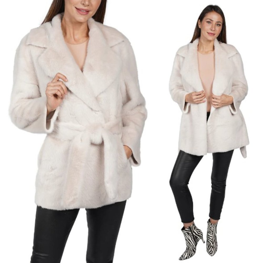 NWT Love Token Bentley Faux Fur Tie Wrap Jacket Oversized Notch Lapel Ecru White - Picture 1 of 8